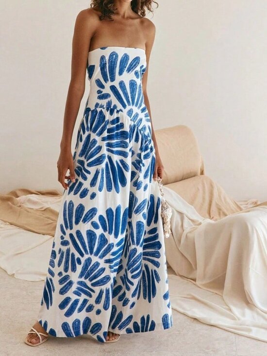 Dresses & Skirts - Blue Casual Women's A-Line Abstract Print Maxi Sundress